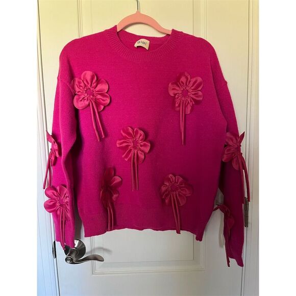 🆕 Bibi Women's Pink Sweater 3D Floral Appliqué Pullover - Picture 3 of 8